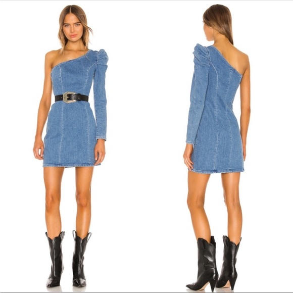 GRLFRND Ellie One Shoulder Stretch Denim Dress - Small S Puff Sleeve Mini Summer - Picture 2 of 8